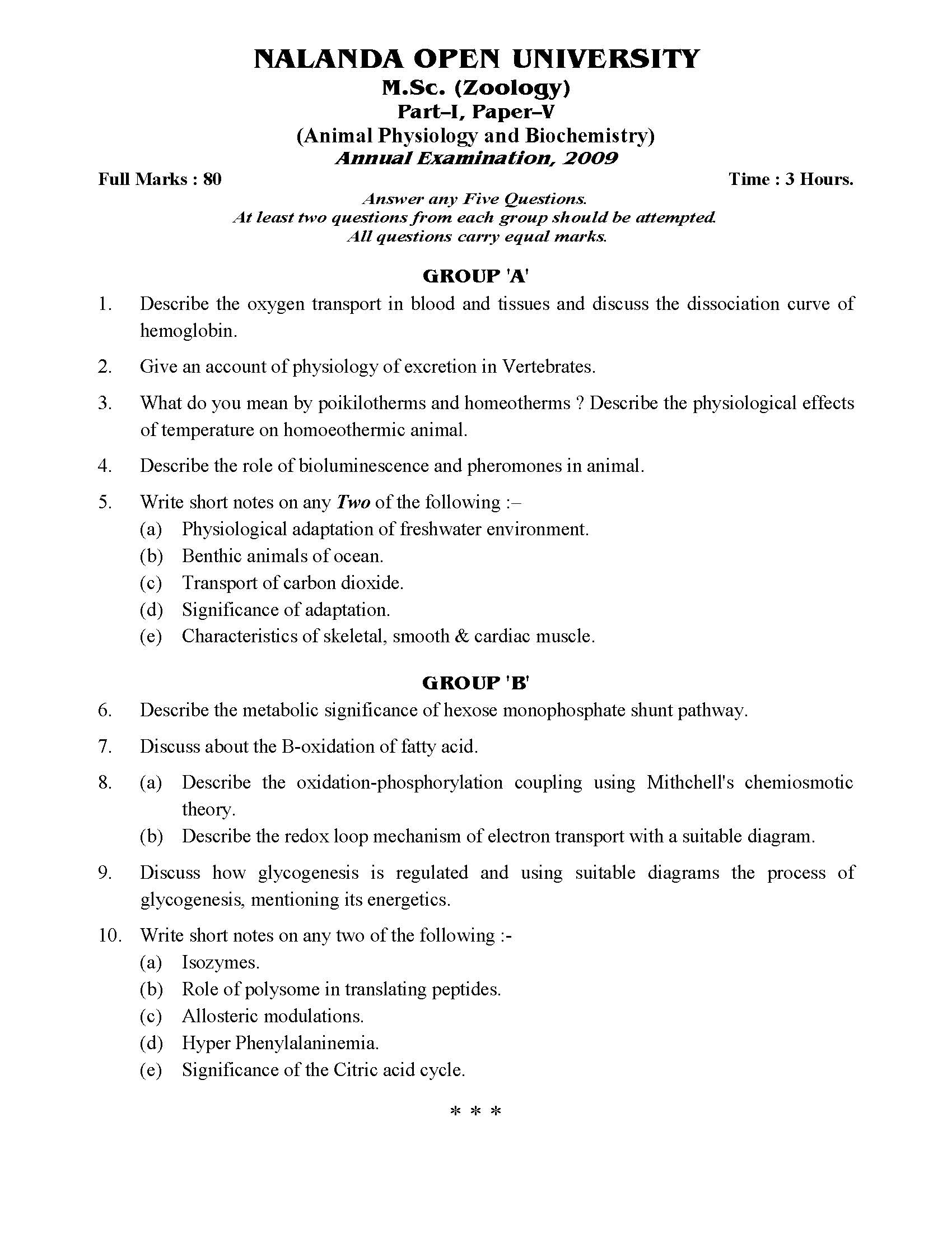 Nalanda Open University . Zoology (Animal Physiology And Biochemistry)  Part I Paper V 2009 Question Paper PDF Download | ENTRANCE INDIA