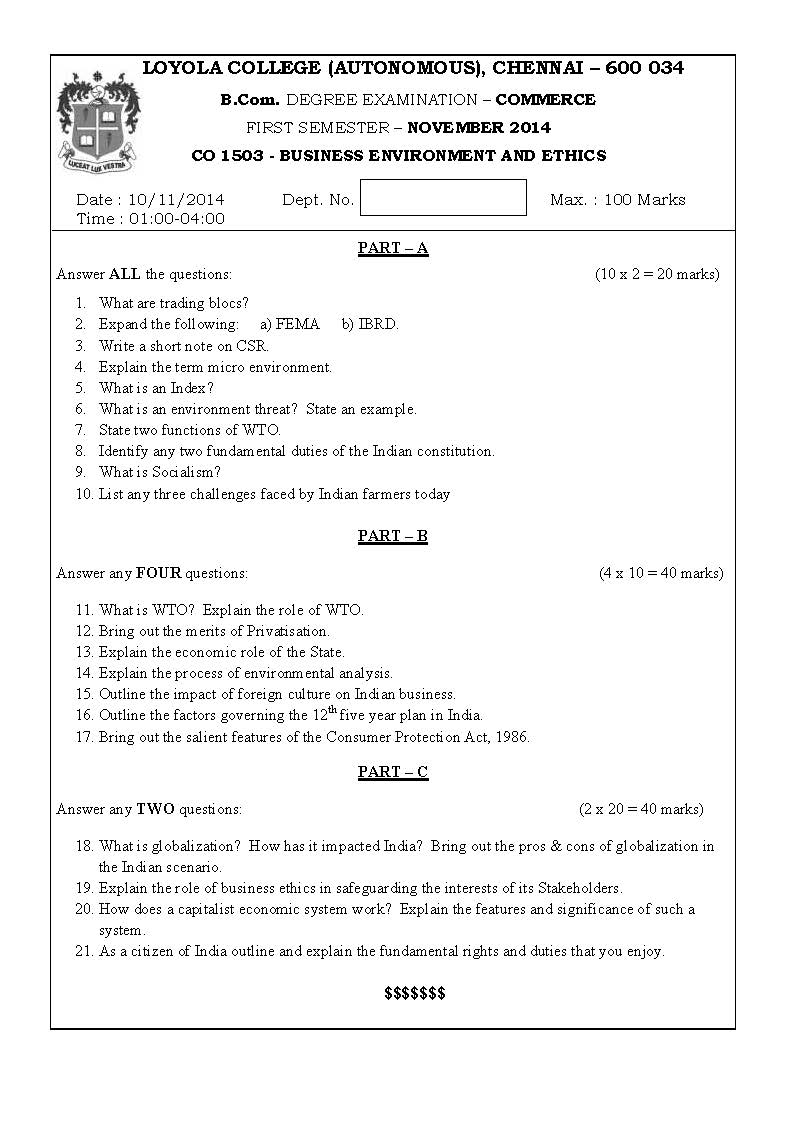 business environment and ethics question paper
