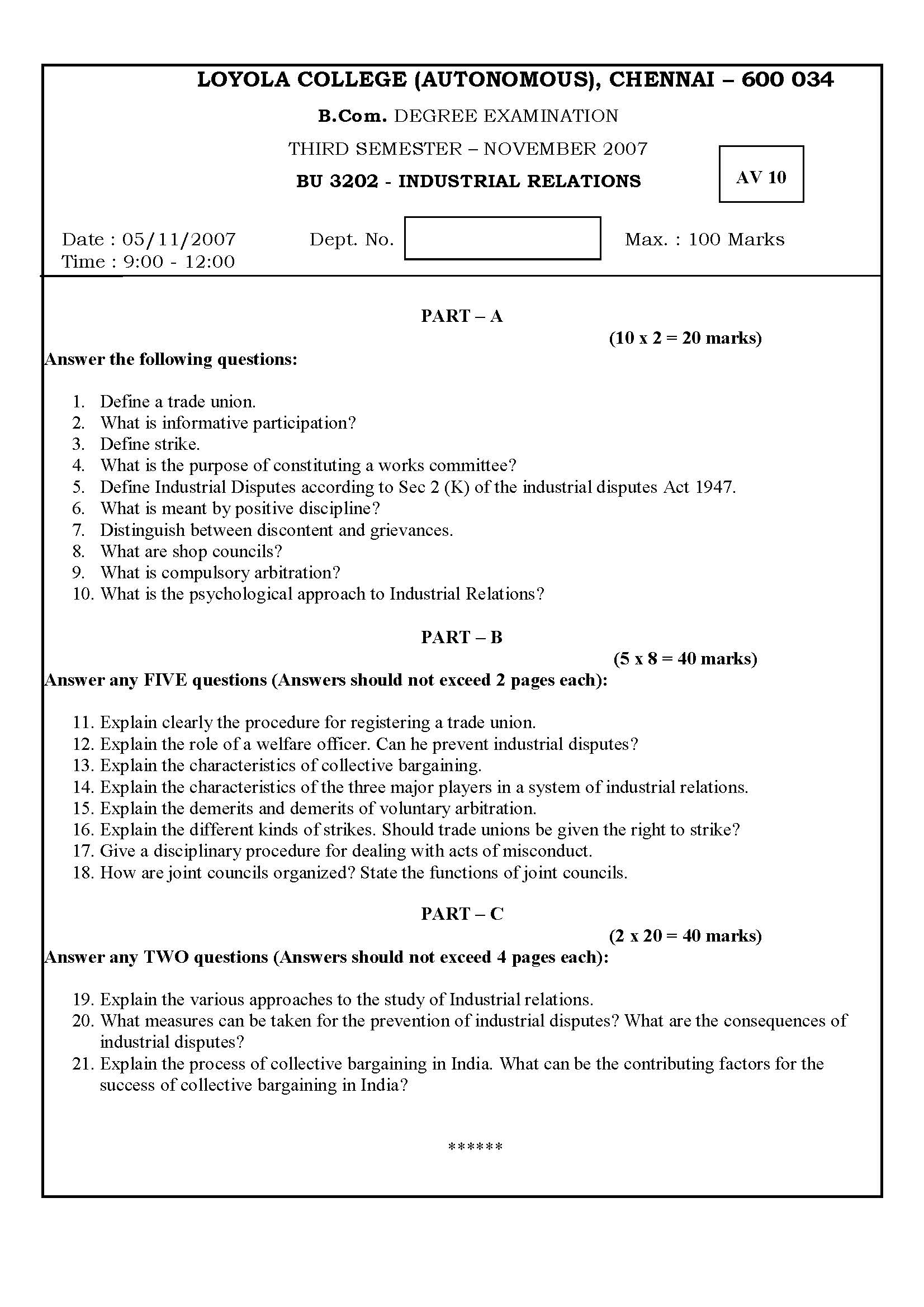 Loyola College Industrial Relations Previous Question Papers Download 