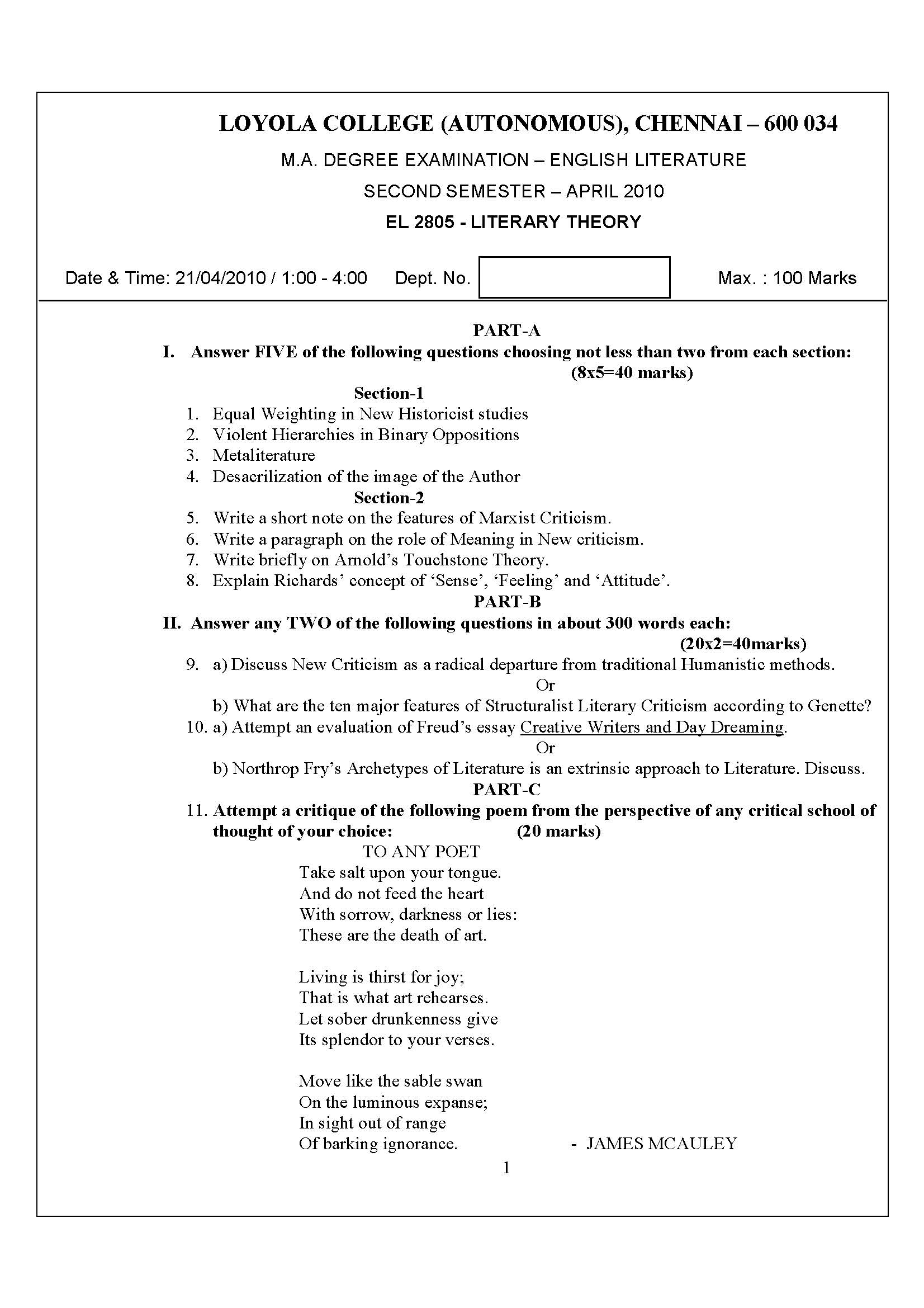 Loyola College M A English April 2010 Literary Theory Question Paper 