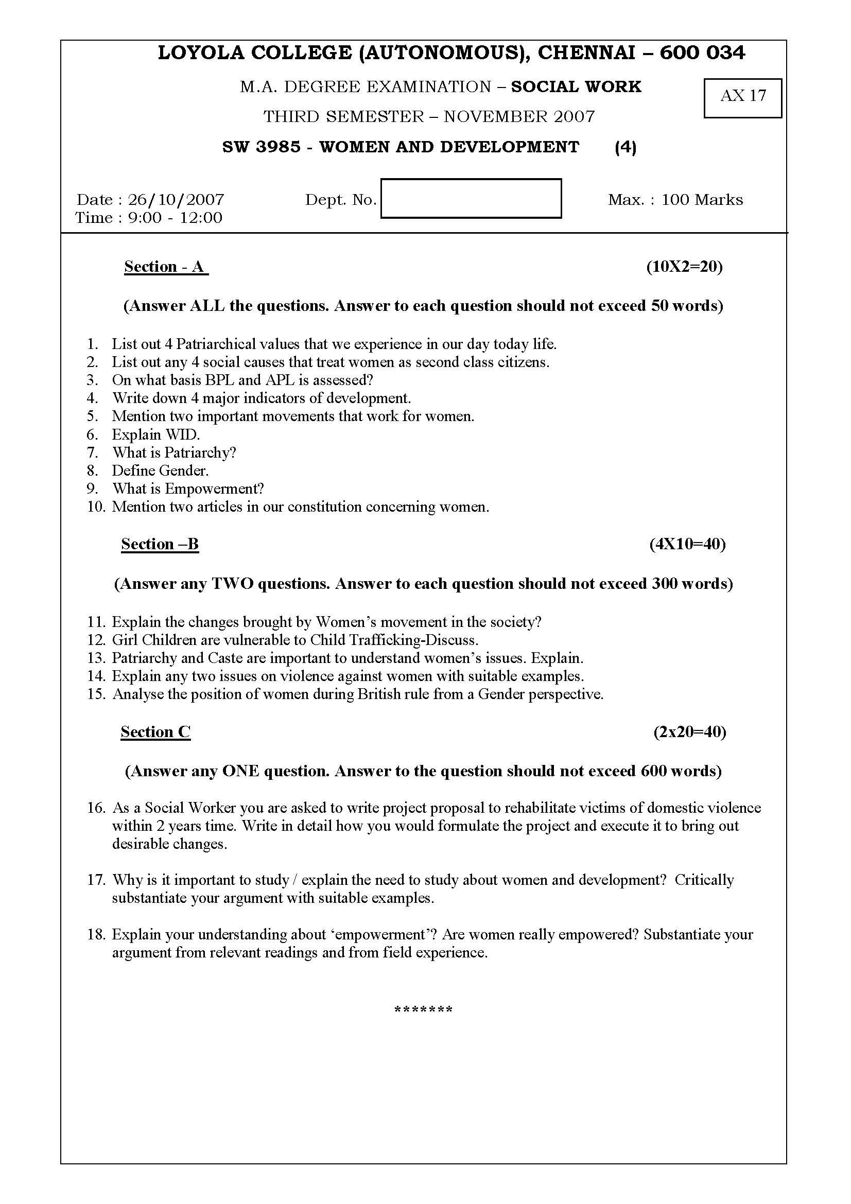 Loyola College Women Development Question Papers ENTRANCEINDIA